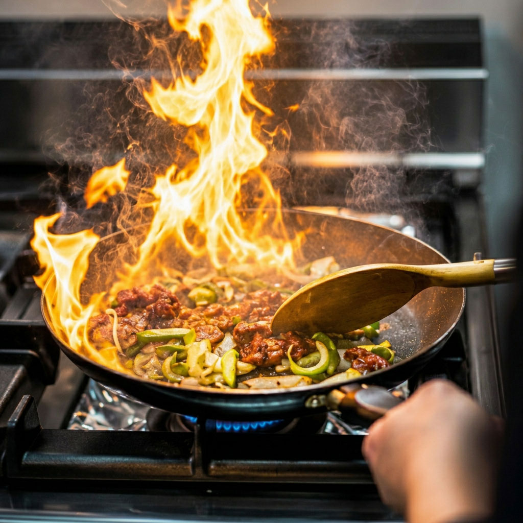 Wok en flamme dans la cuisine du Mékong Express